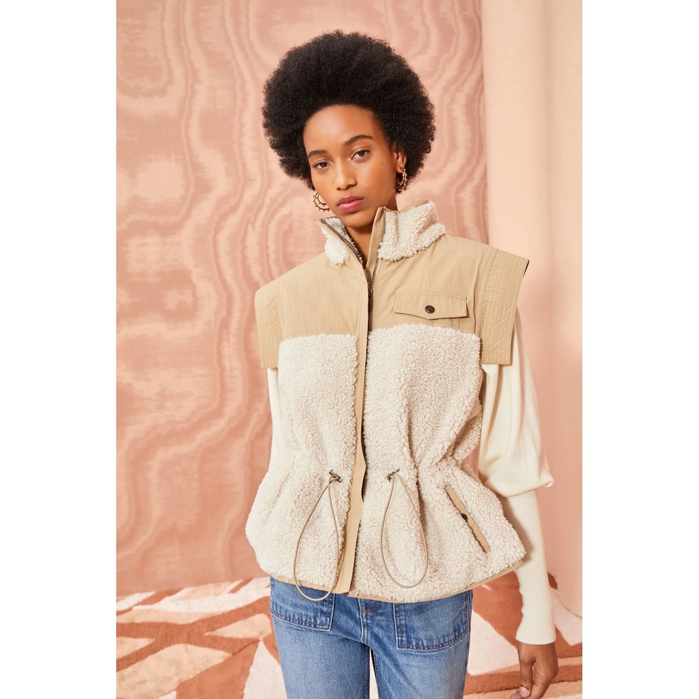 Jodifl Mixed Media Sherpa Vest in Tan and Cream | Size Small
